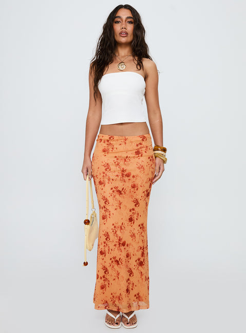   front view of model wearing Princess Polly Shepherd Maxi Skirt Orange Multi Maxi 
