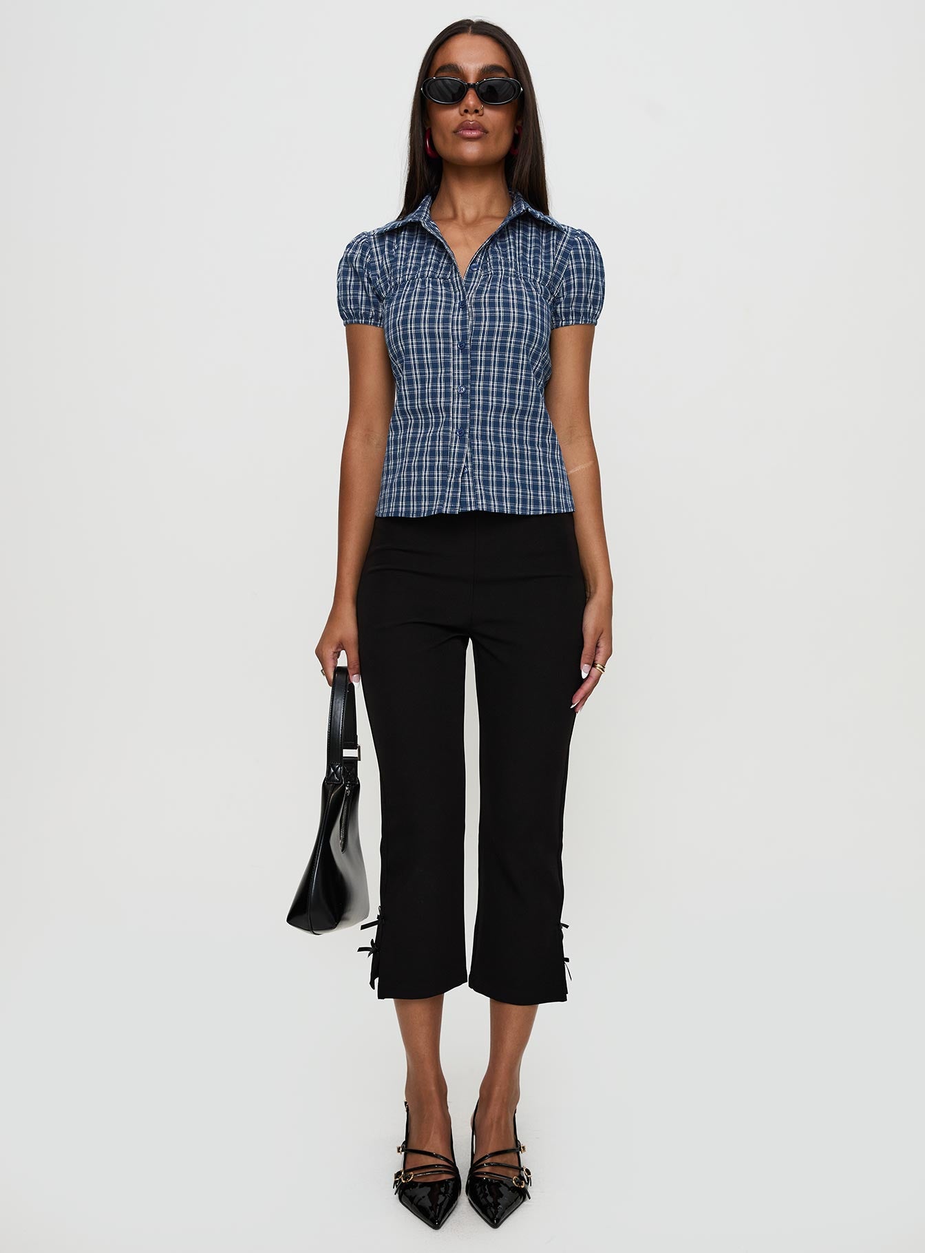 front view of model wearing Princess Polly Separate Scenes Button Up Top Blue Check Short Sleeves V-Neck 