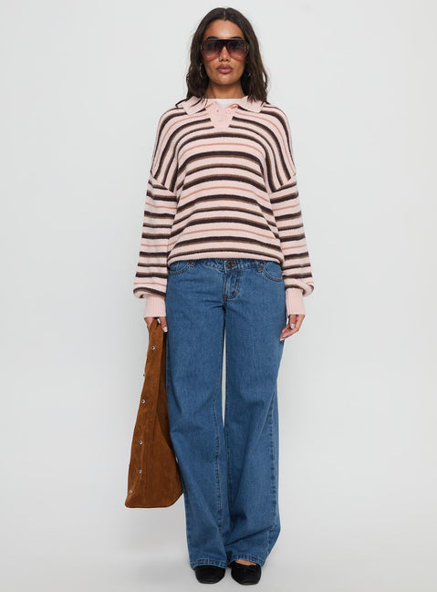 front view of model wearing Princess Polly Jeanny Collared Knit Sweater Brown / Pink Stripe Longline Jumpers 