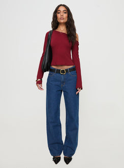 Opulent One Shoulder Top Maroon Full Sleeves Asymmetric Neckline 