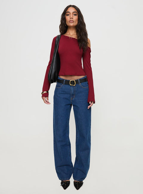 Opulent One Shoulder Top Maroon Full Sleeves Asymmetric Neckline 