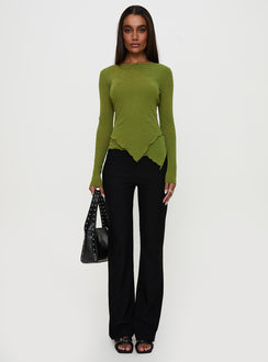 front view of model wearing Princess Polly I Know You Backless Long Sleeve Top Green Full Sleeves Boat Neck 