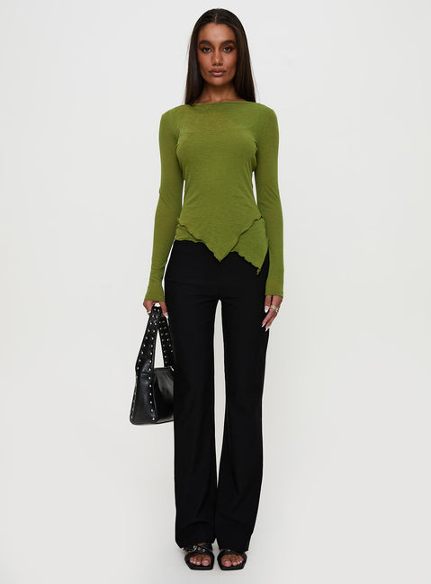 front view of model wearing Princess Polly I Know You Backless Long Sleeve Top Green Full Sleeves Boat Neck 