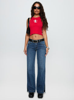 front view of model wearing Princess Polly Boot Scootin Graphic Tank Top Red Sleeveless Crew Neck 