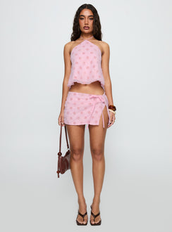 front view of model wearing Princess Polly Remembering Tie Back Top Pink Sleeveless Asymmetric Neckline 