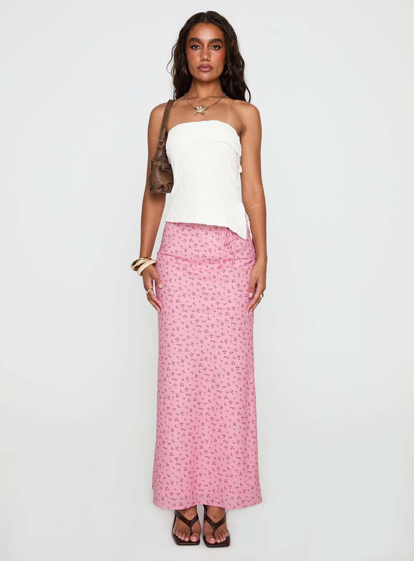   front view of model wearing Princess Polly Gorgina Tie Maxi Skirt Pink Multi Maxi 