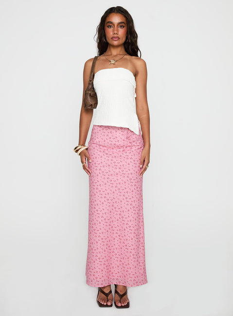   front view of model wearing Princess Polly Gorgina Tie Maxi Skirt Pink Multi Maxi 