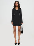 Long sleeve mini dress V neckline, lace trim, tie fastening at bust, invisible zip fastening at side