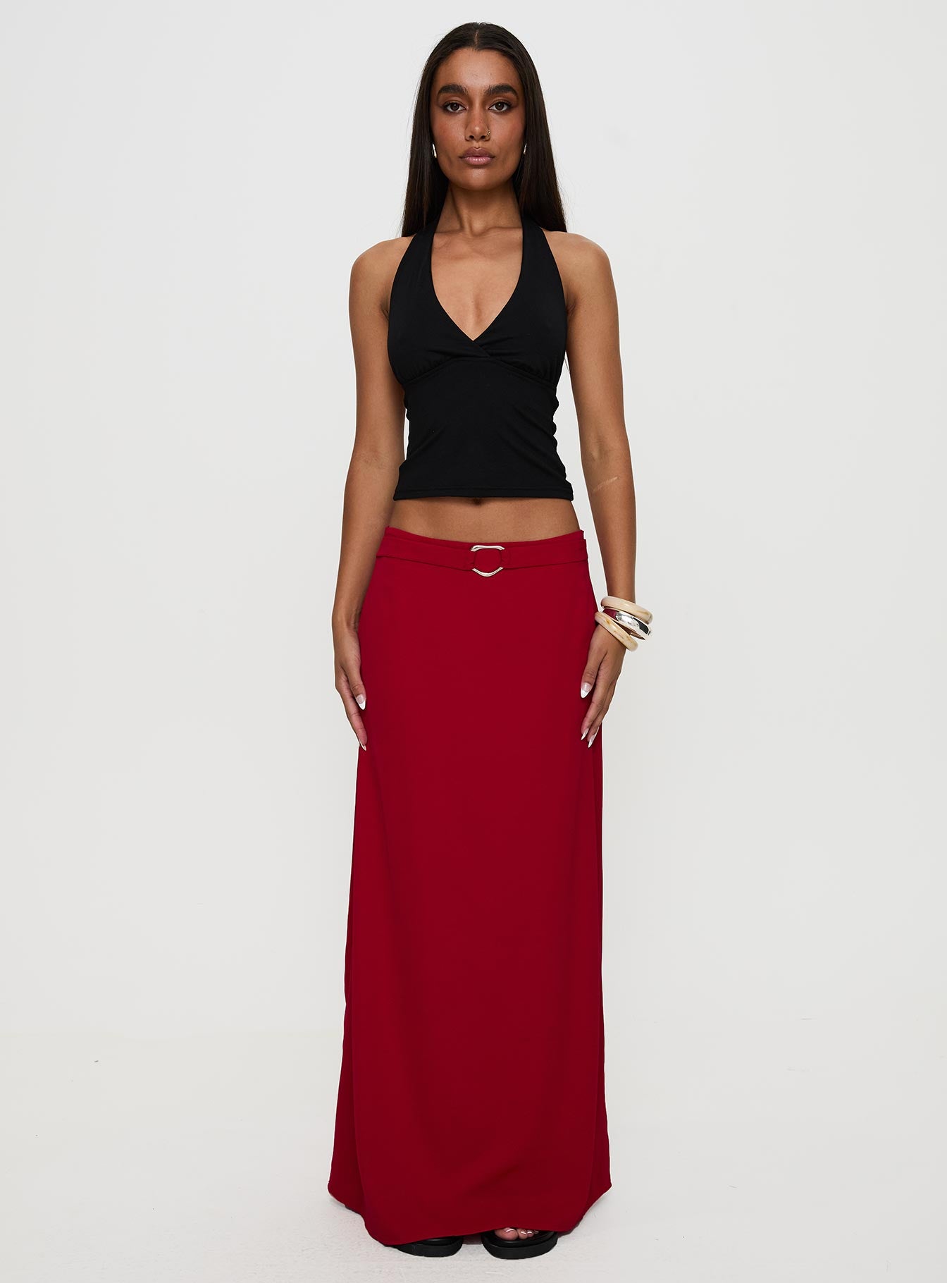   front view of model wearing Princess Polly Devoted Maxi Skirt Red Maxi 