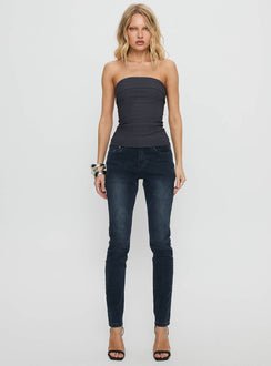 side view of model wearing Princess Polly Illyssa Mid Rise Skinny Jeans Washed Charcoal Mid Rise Jeans 