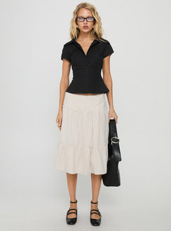  front view of model wearing Princess Polly Cascades Low Rise Midi Skirt Beige / White Stripe Midi Skirts 