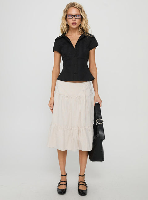   front view of model wearing Princess Polly Cascades Low Rise Midi Skirt Beige / White Stripe Midi Skirts 