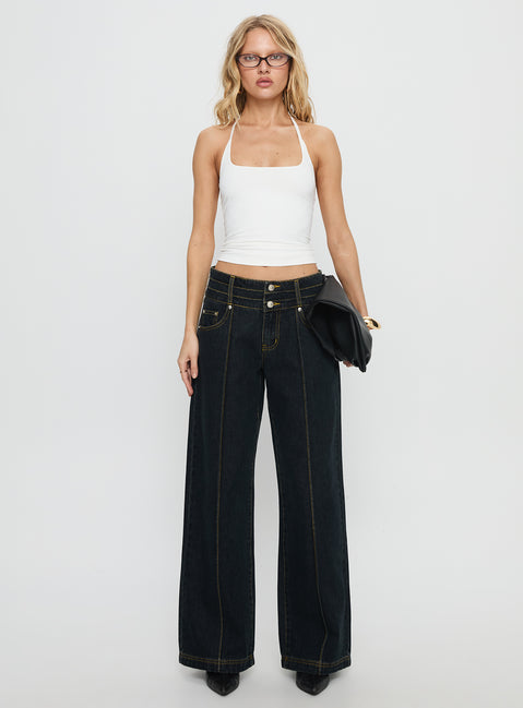 front view of model wearing Princess Polly Hannalee Low Rise Wide Leg Cargo Jeans Grunge Wash Low Rise Jeans 