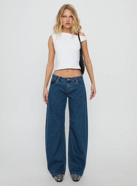 front view of model wearing Princess Polly Lost Track Mid Rise Barrel Leg Jeans Mid Wash Mid Rise Jeans 