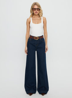 front view of model wearing Princess Polly Goldie High Rise Wide Leg Jeans Indigo High Rise Jeans 