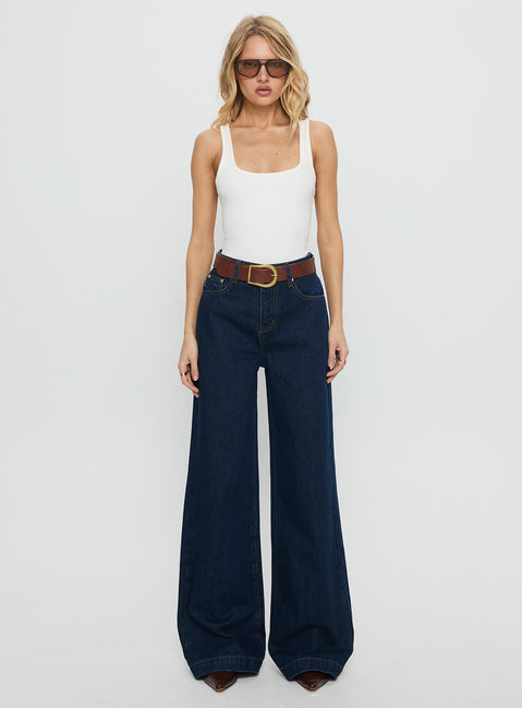 front view of model wearing Princess Polly Goldie High Rise Wide Leg Jeans Indigo High Rise Jeans 