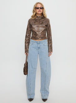 front view of model wearing Princess Polly Lost Track Mid Rise Barrel Leg Jeans Ice Wash Mid Rise Jeans 