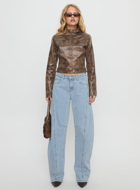 front view of model wearing Princess Polly Lost Track Mid Rise Barrel Leg Jeans Ice Wash Mid Rise Jeans 