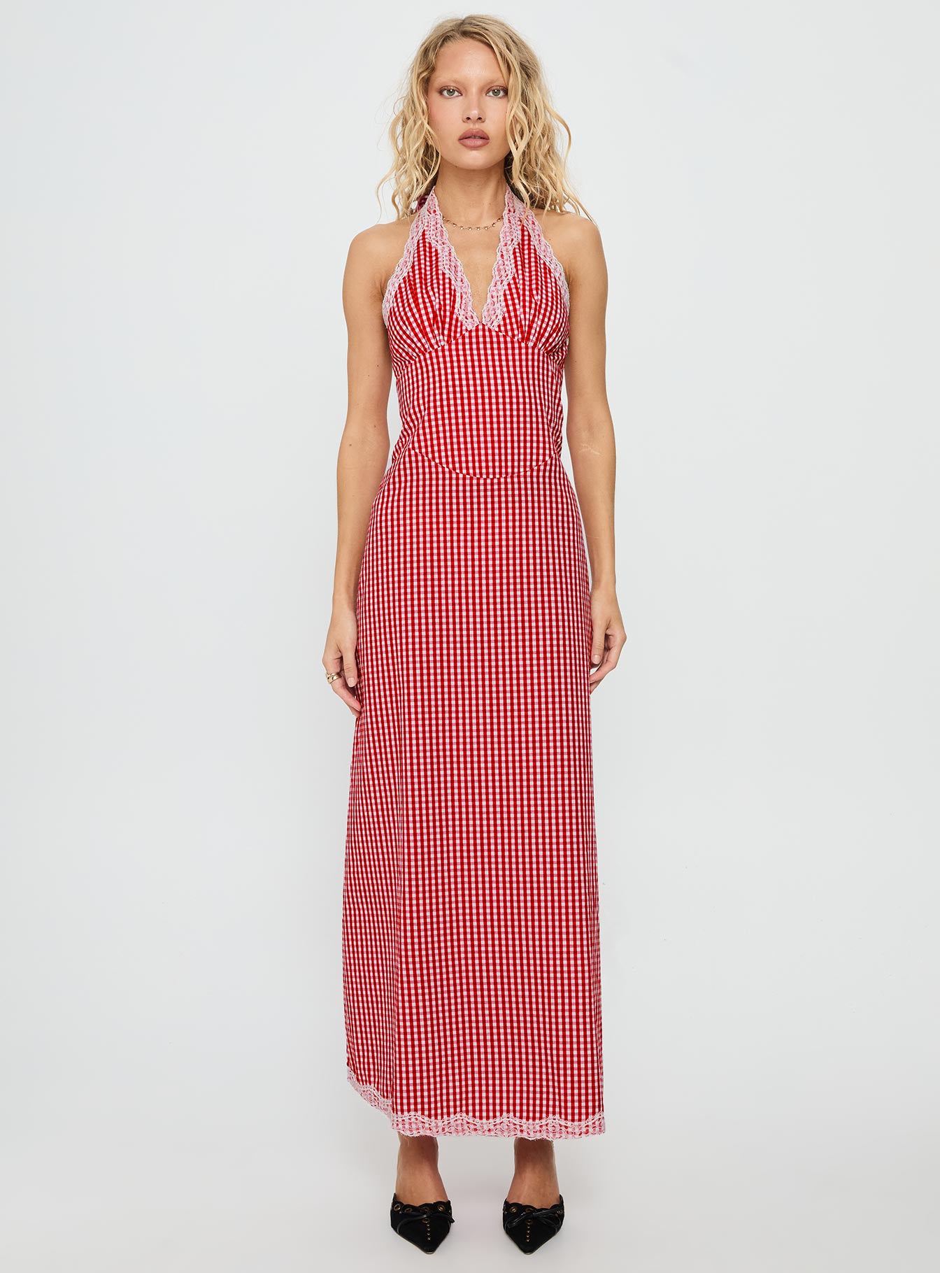 Betsie Halter Lace Maxi Dress Red Gingham