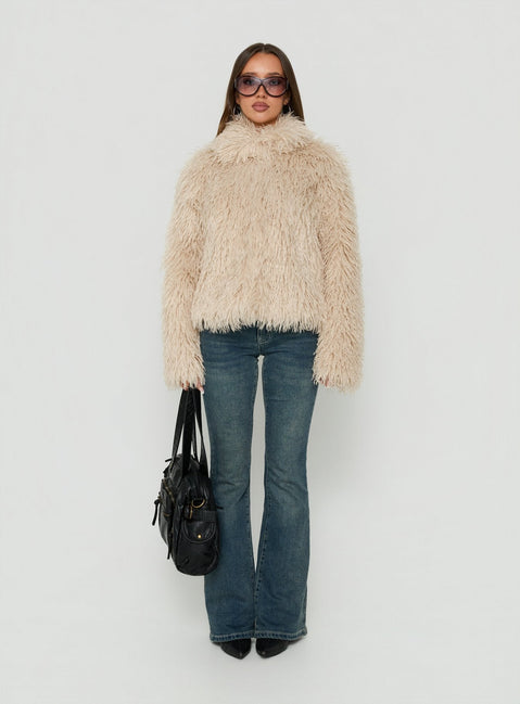 Kaiero Oversized Faux Fur Shag Jacket Cream