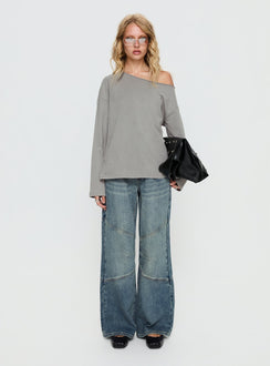 front view of model wearing Princess Polly Atmosphere Mid Rise Straight Leg Jeans Antique Wash Low Rise Jeans 