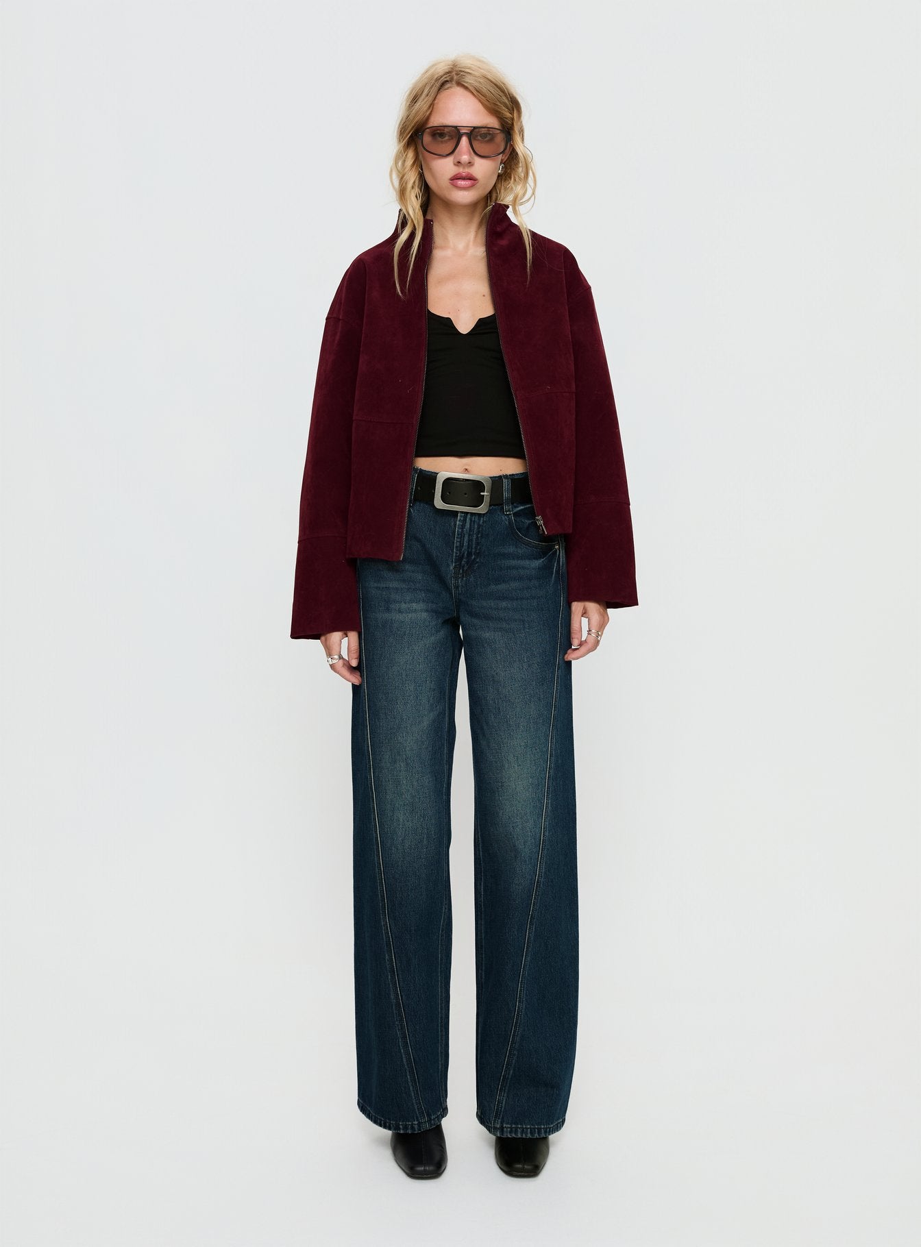 Jessalynn Faux Suede Zip Through Jacket Burgundy