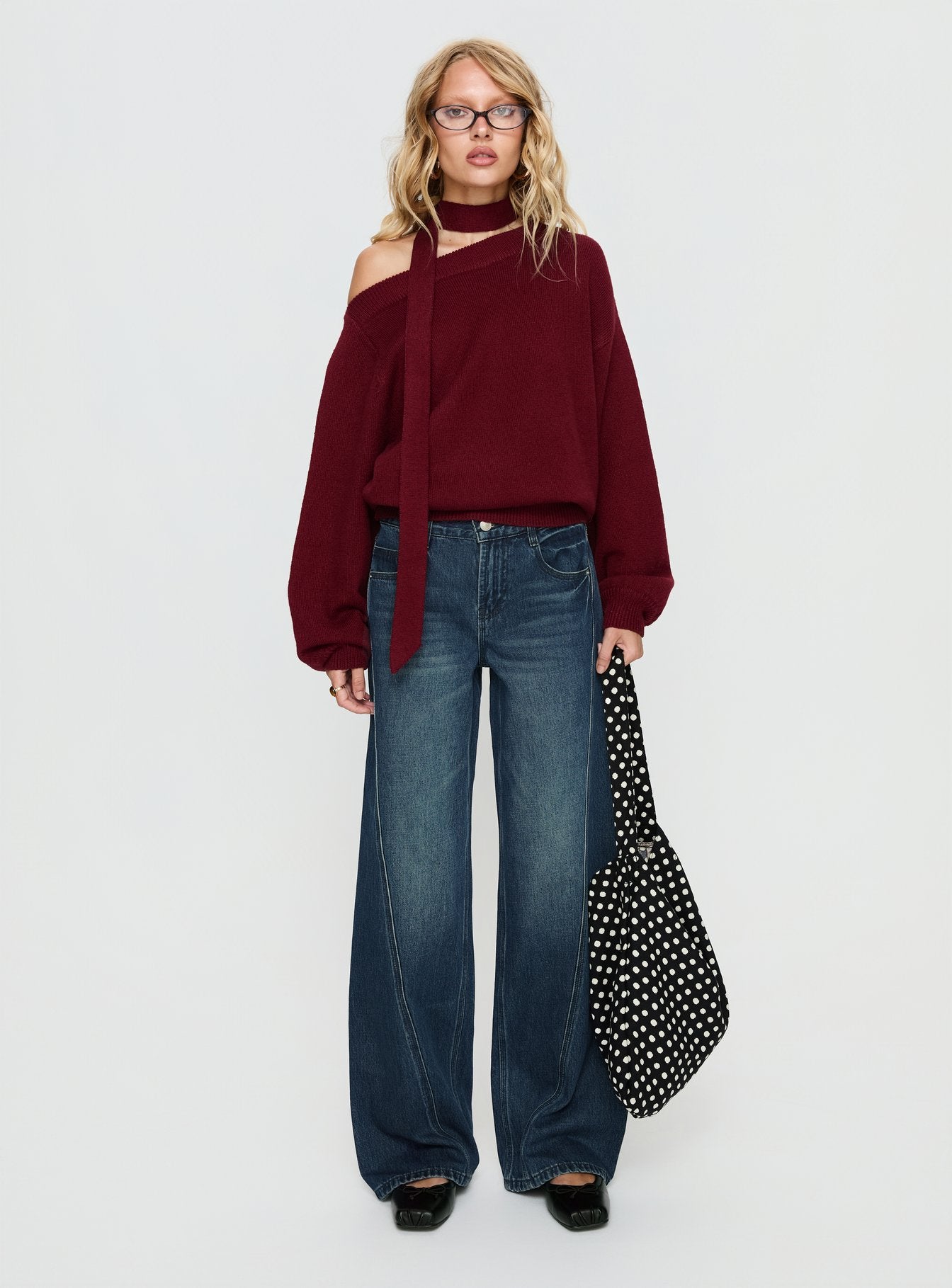 Ruthi Scarf Off Shoulder Knit Sweater Burgundy