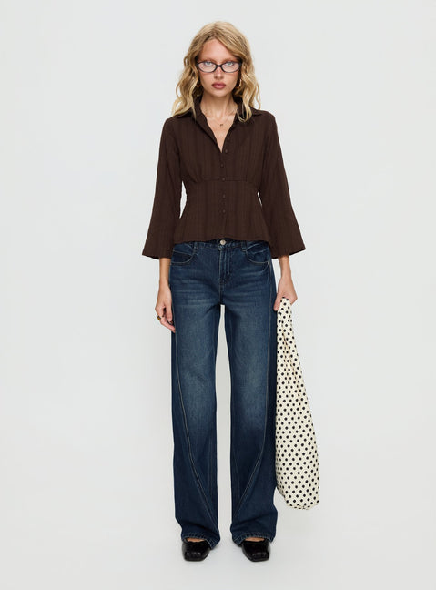Taelynn 3/4 Sleeve Button Up Shirt Chocolate