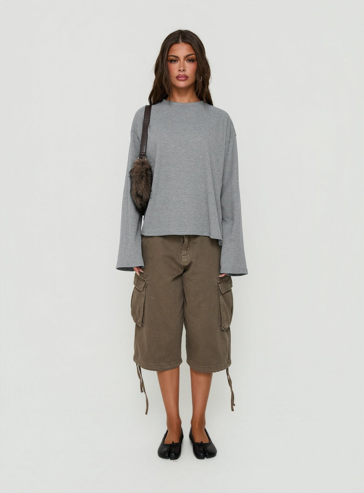 Arlla Waffle Jersey Long Sleeve Top Grey