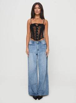 front view of model wearing Princess Polly Sambo Corset Top Black Sleeveless Square Neck 