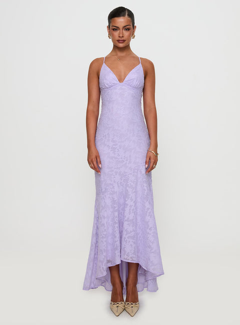 front view of model wearing Princess Polly Cyrene Maxi Dress Lilac Plunger 