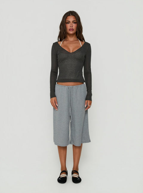 Kaiyah Sheer V Neck Long Sleeve Top Slate