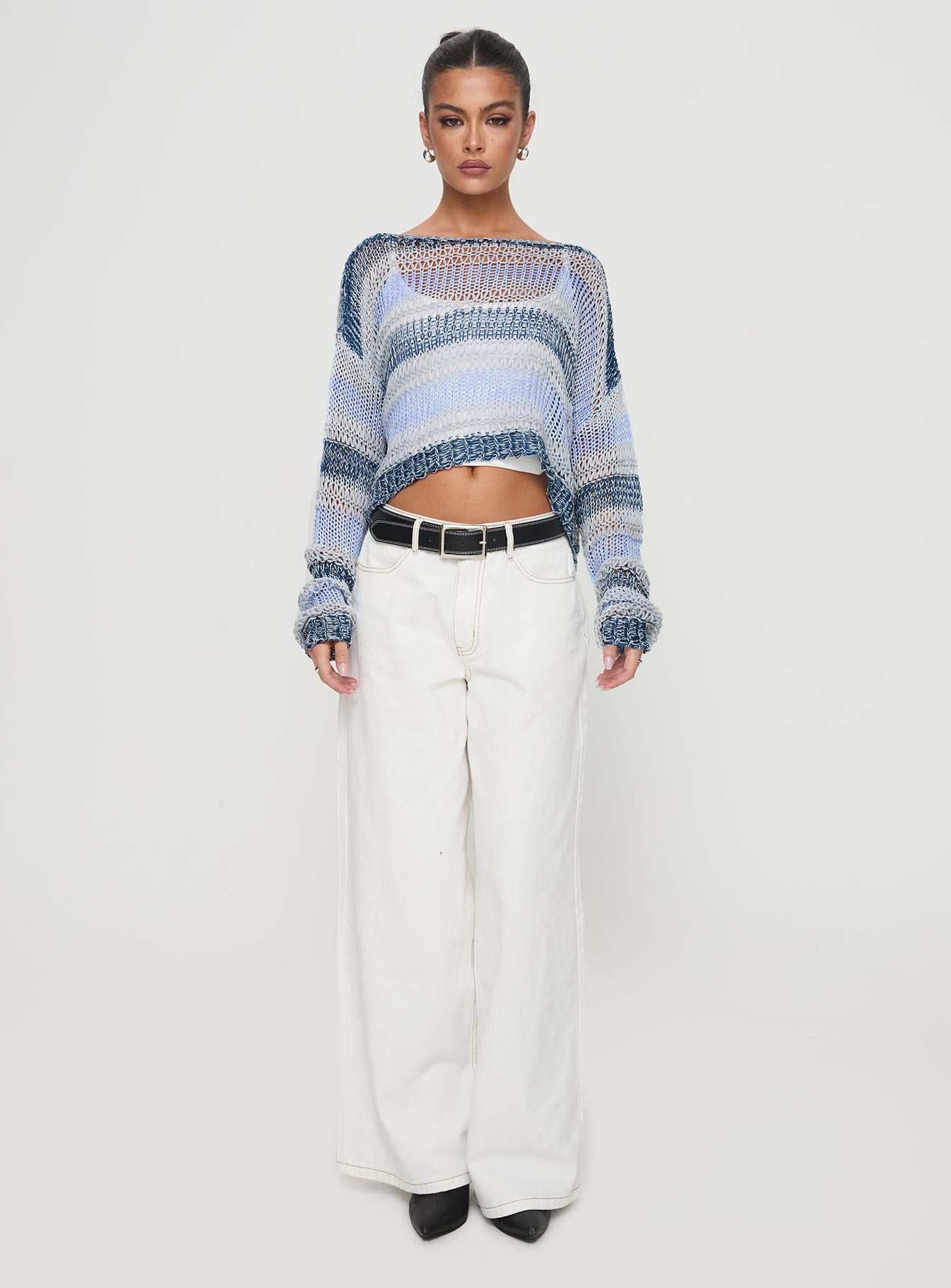 side view of model wearing Princess Polly Perren Sweater Blue Stripe Cropped 