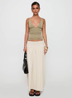   front view of model wearing Princess Polly Small Towns Shirred Midi Skirt Beige Maxi 