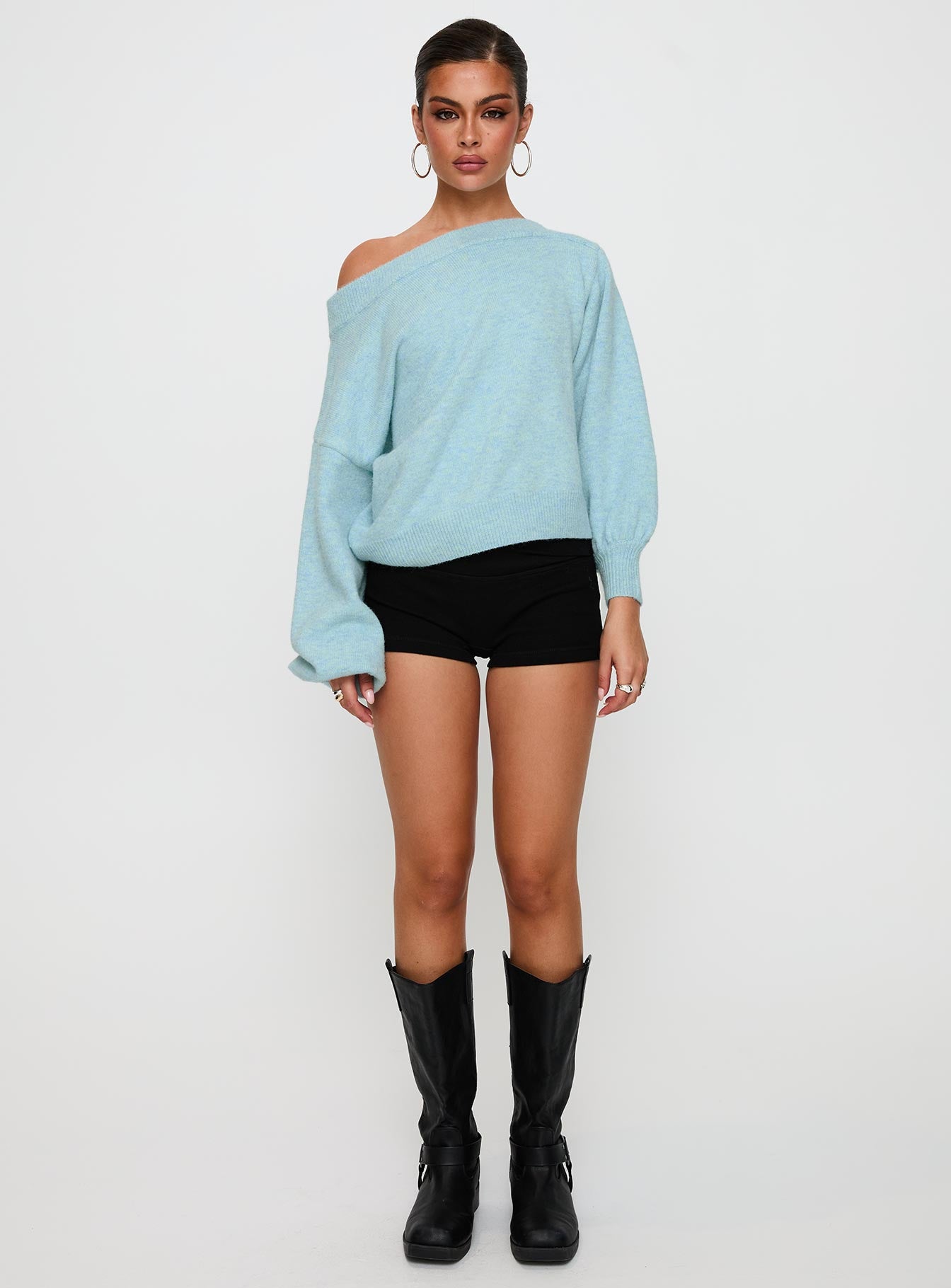 side view of model wearing Princess Polly Noble Off The Shoulder Jumper Blue 