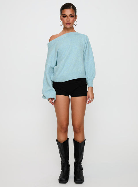 side view of model wearing Princess Polly Noble Off The Shoulder Jumper Blue 