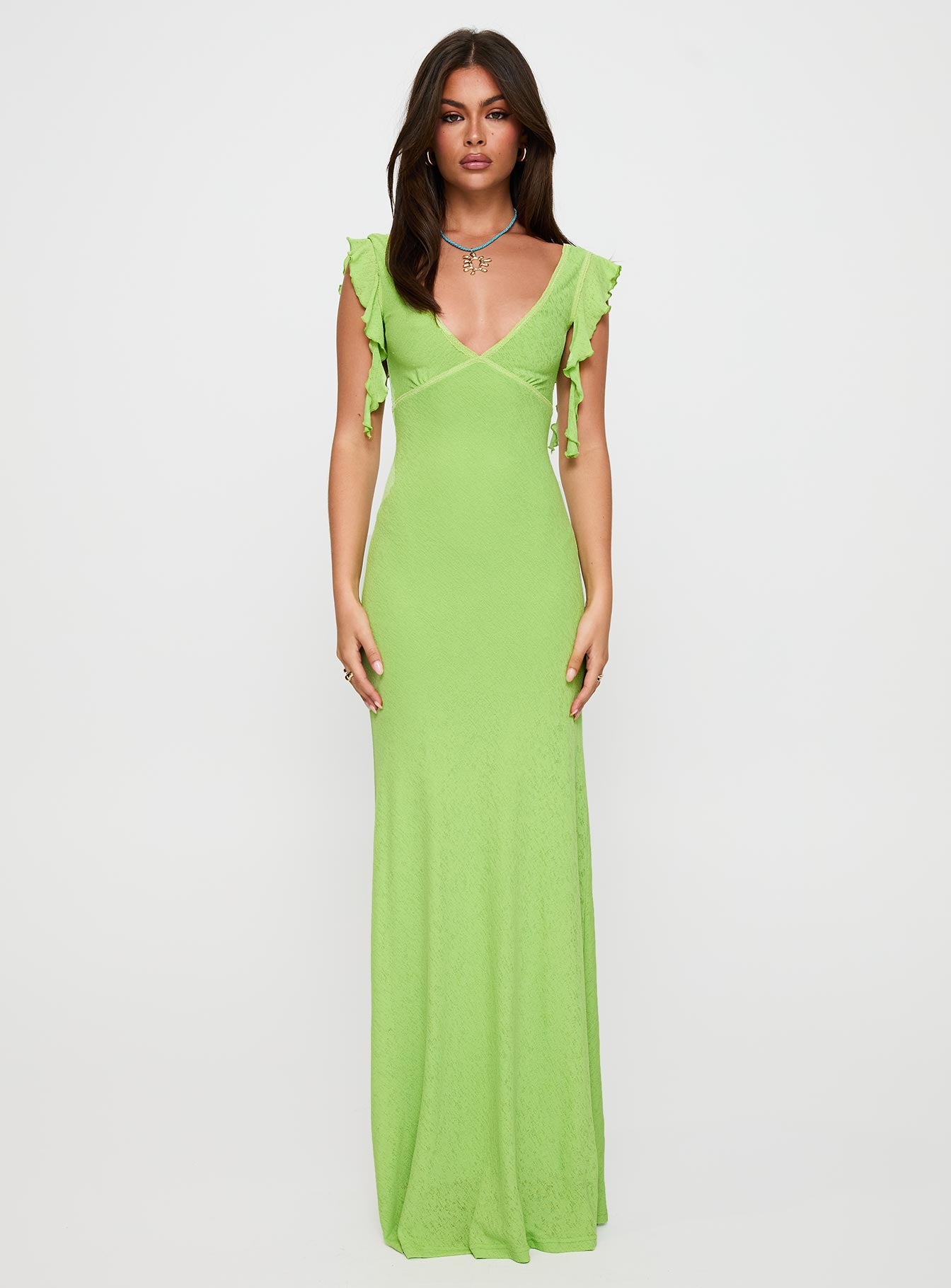 front view of model wearing Princess Polly Soleila Maxi Dress Green Tonal Plunger 