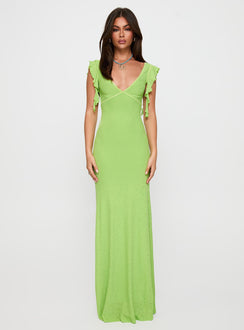 front view of model wearing Princess Polly Soleila Maxi Dress Green Tonal Plunger 