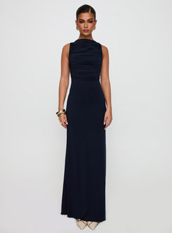 front view of model wearing Princess Polly Undeniable Cut Out Maxi Dress Navy High Neck 