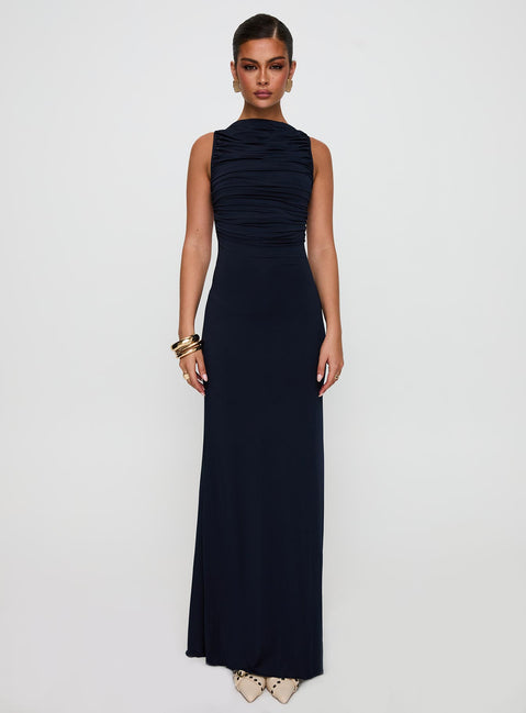 front view of model wearing Princess Polly Undeniable Cut Out Maxi Dress Navy High Neck 