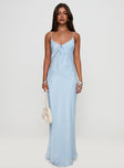 front view of model wearing Princess Polly Linger Bias Cut Maxi Dress Blue V-Neck 