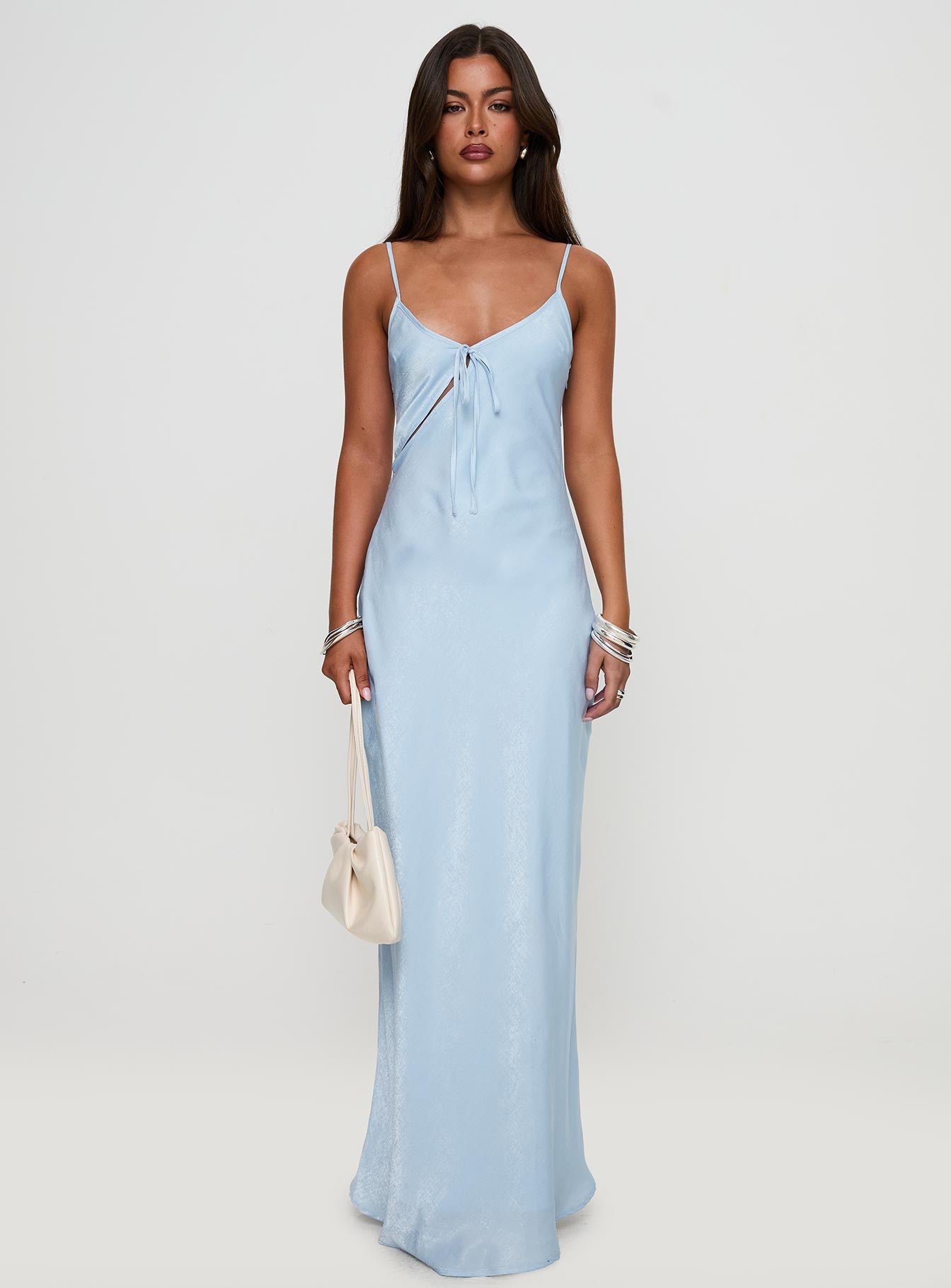 front view of model wearing Princess Polly Linger Bias Cut Maxi Dress Blue V-Neck 