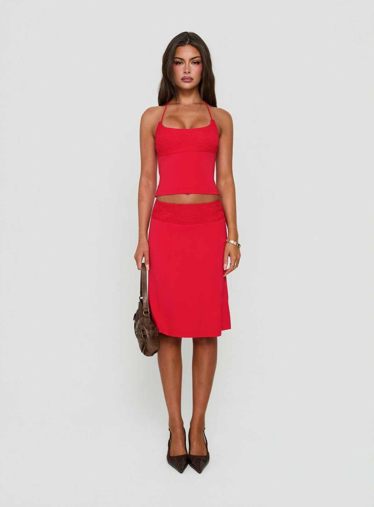 Zenaide Lace Detail Halter Vest Top Red