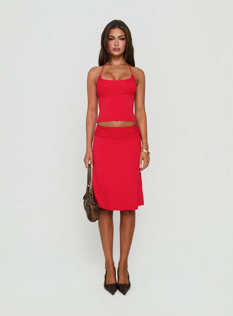 Zenaide Lace Detail Halter Vest Top Red