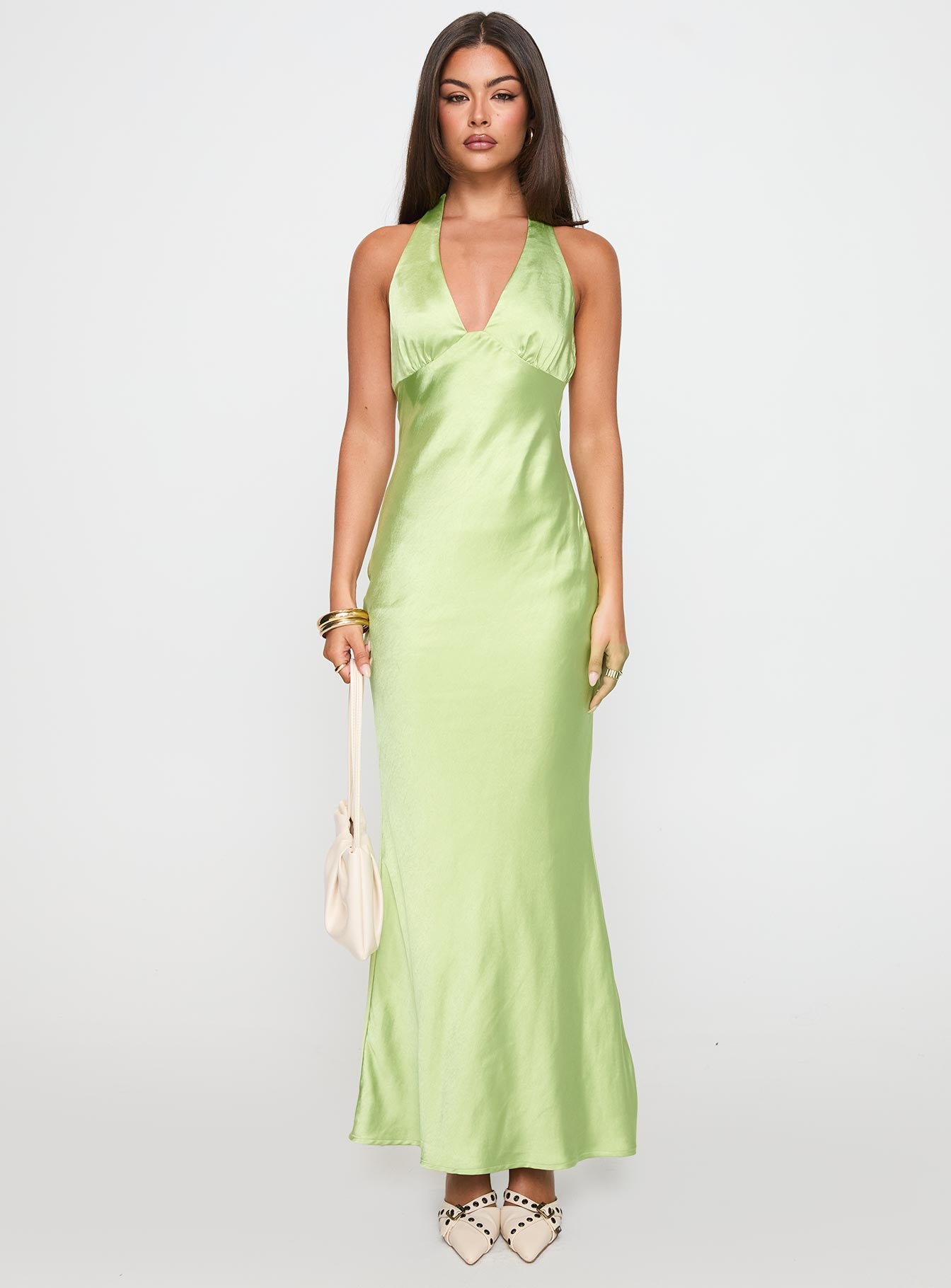 front view of model wearing Princess Polly Gloriana Halter Maxi Dress Green Plunger 
