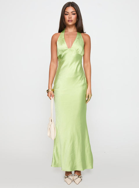 front view of model wearing Princess Polly Gloriana Halter Maxi Dress Green Plunger 