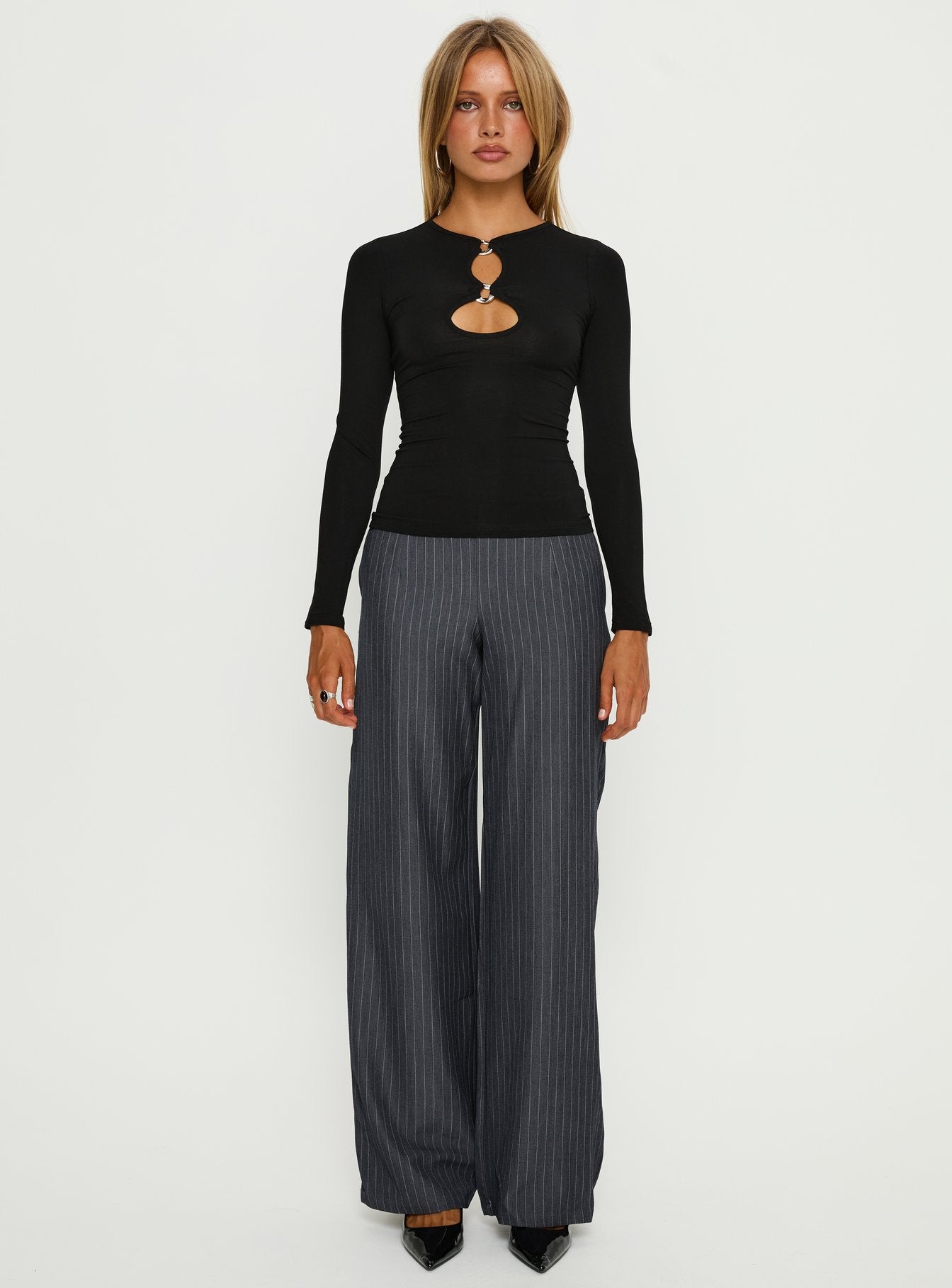 front view of model wearing Princess Polly Khane Low Rise Wide Leg Pant Charcoal Pinstripe Mid Rise Pants 
