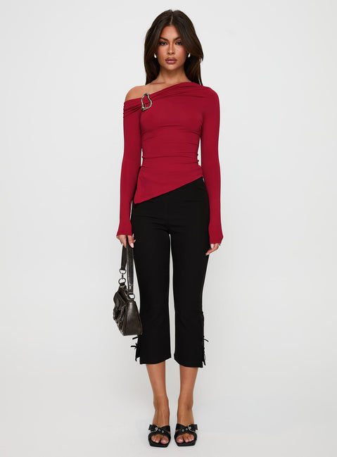 back view of model wearing Princess Polly Donalla Off The Shoulder Hardware Detail Top Red Full Sleeves Asymmetric Neckline 