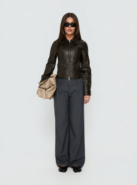 Designed with Two Lovers Low Rise Pants Slate in womens-regular-pants featuring belt detail front view of model wearing Princess Polly
