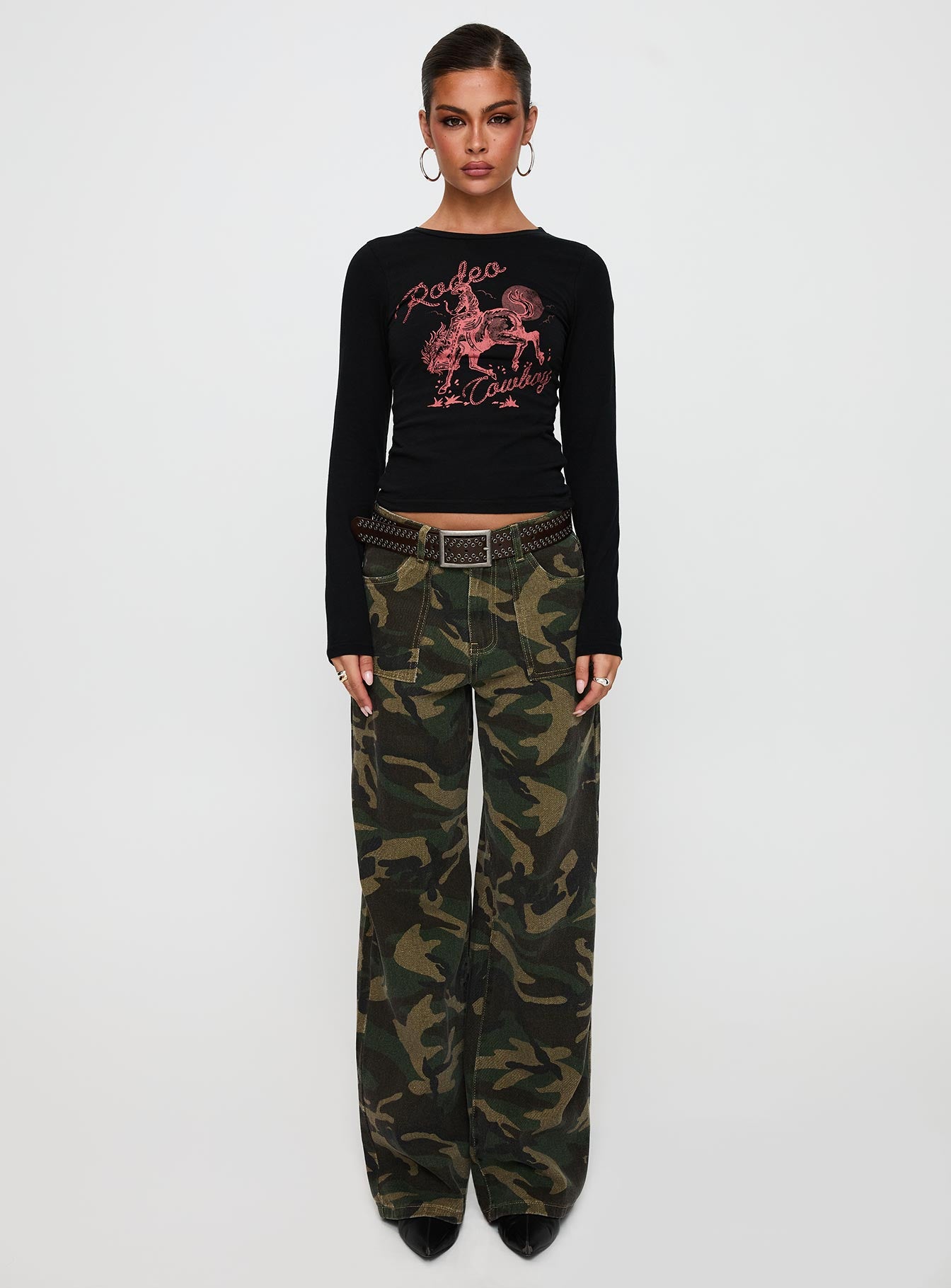 back view of model wearing Princess Polly Rodeo Cowboy Long Sleeve Top Washed Wine Full Sleeves Crew Neck 